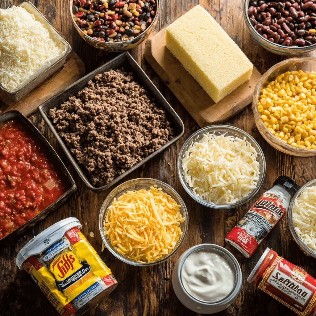 Ingredients for easy cowboy cornbread casserole recipe