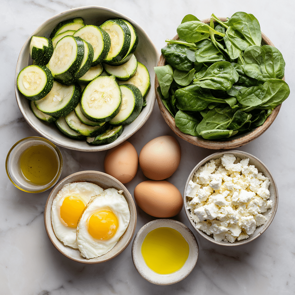 Ingredients for zucchini spinach feta casserole