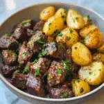 Garlic Butter Beef Bites & Potatoes in skillet