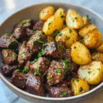 Garlic Butter Beef Bites & Potatoes in skillet
