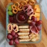 Homemade Lunchables with ham, cheese, fruit, and crackers in bento box
