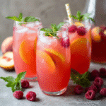 Homemade Raspberry Peach Lemonade in pitcher with fresh fruit and ice