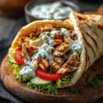 Mediterranean Chicken Gyros served on pita with toppings