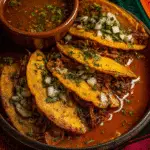 Crispy birria tacos with consomé on a wooden table