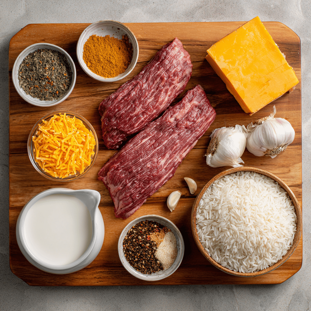 Cheesy steak and rice ingredients