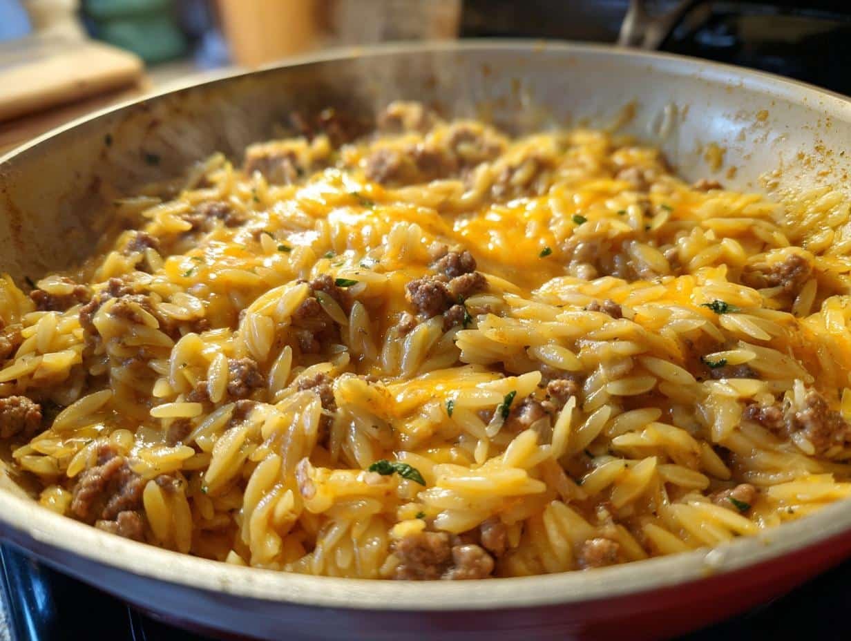 Irresistible 30-Minute One-Pot Cheeseburger Orzo Skillet