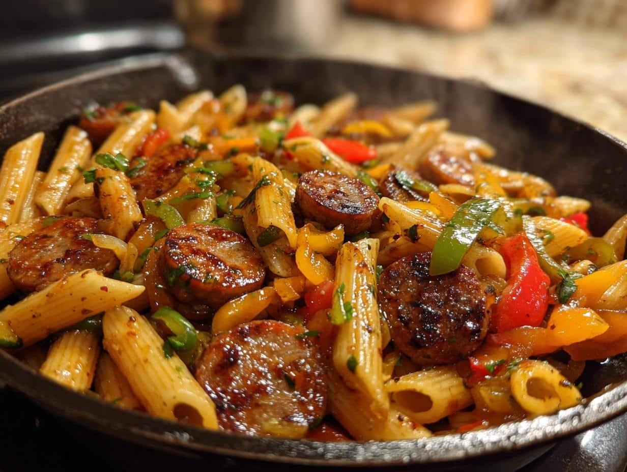 30-Minute One-Skillet Spicy Honey BBQ Sausage & Pasta Perfection