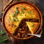Easy cowboy cornbread casserole in a rustic baking dish