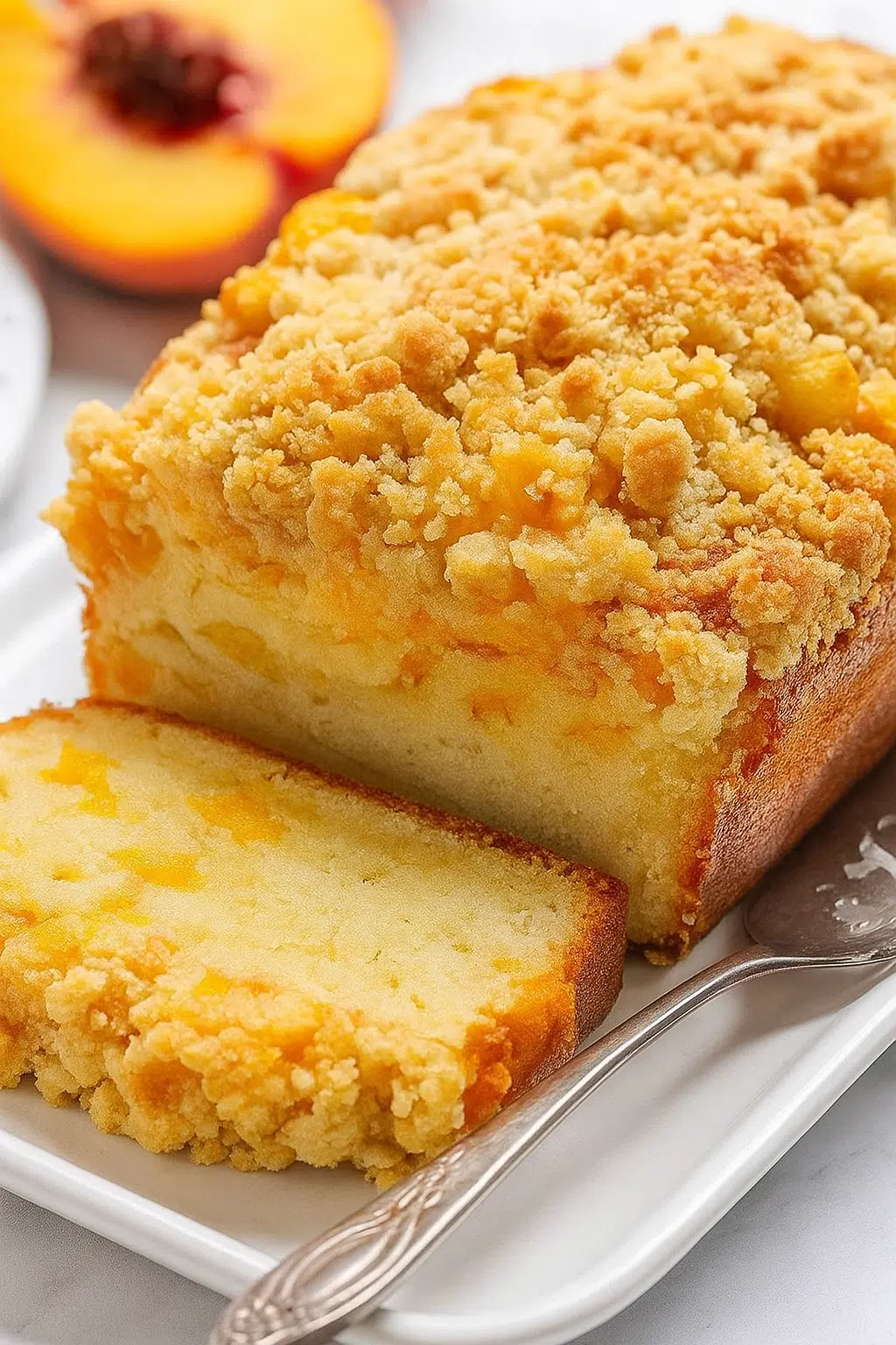 Peach cobbler pound cake on rustic table
