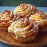 Peach pie cruffins recipe on rustic table