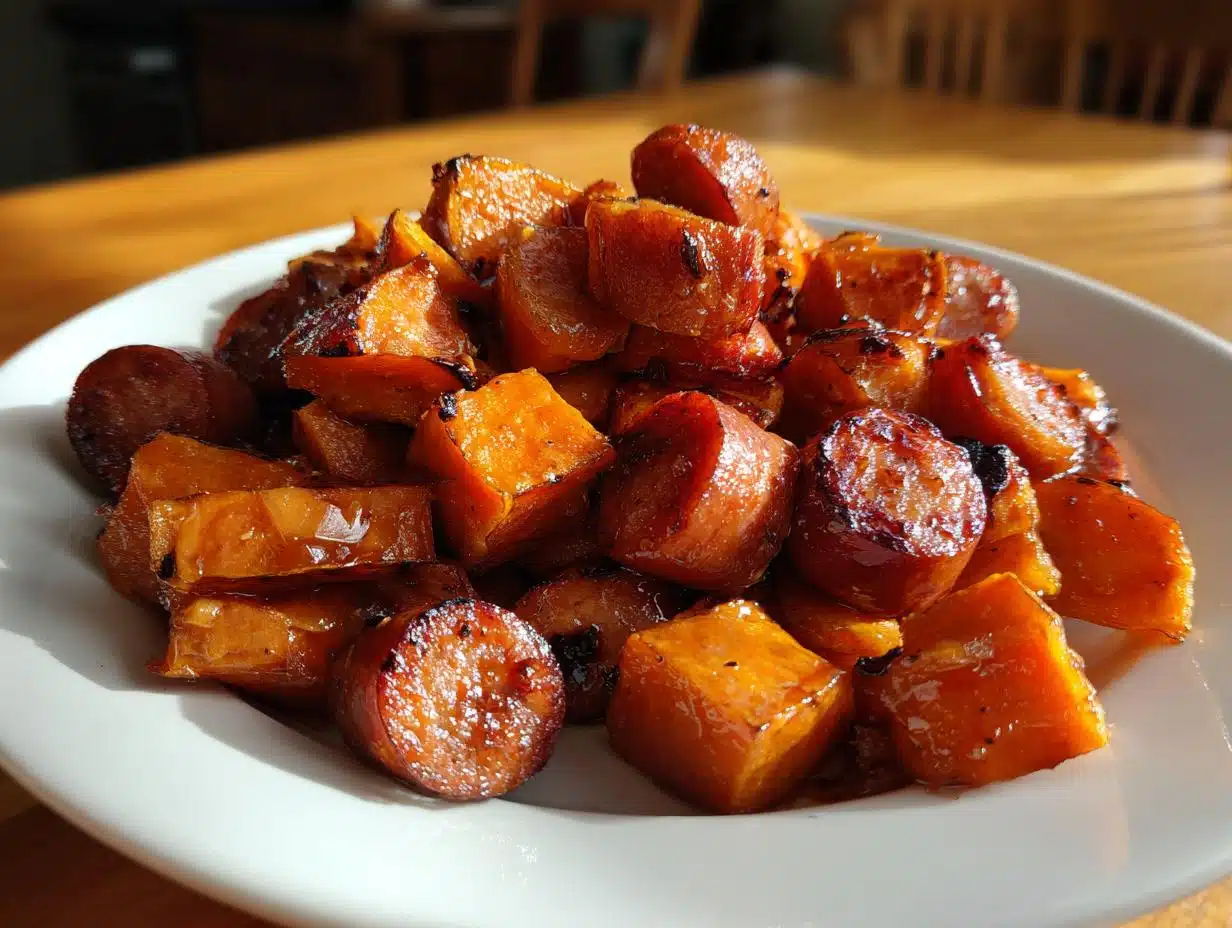 1-Pan Sausage and Sweet Potatoes with Honey Garlic Sauce Magic
