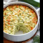 Simple zucchini dill casserole in a white baking dish