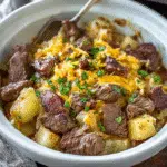 Slow Cooker Steak and Cheddar Potato Casserole in a slow cooker