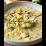 summer corn and zucchini chowder served in a rustic bowl
