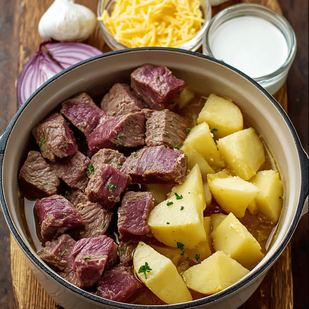 Ingredients for Slow Cooker Steak and Cheddar Potato Casserole