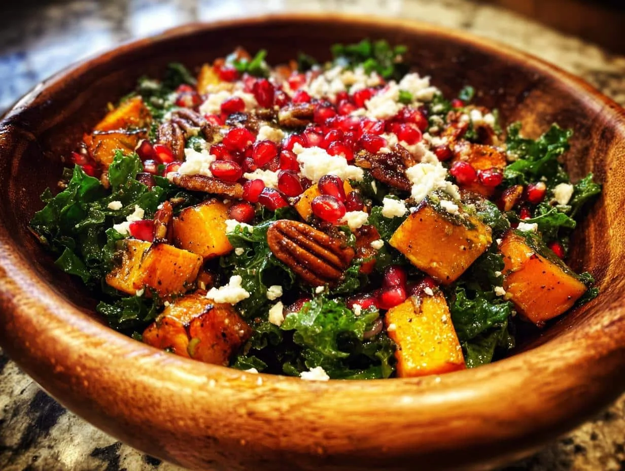 Heavenly Autumn Kale Salad with Squash & Pomegranate in 40 Mins