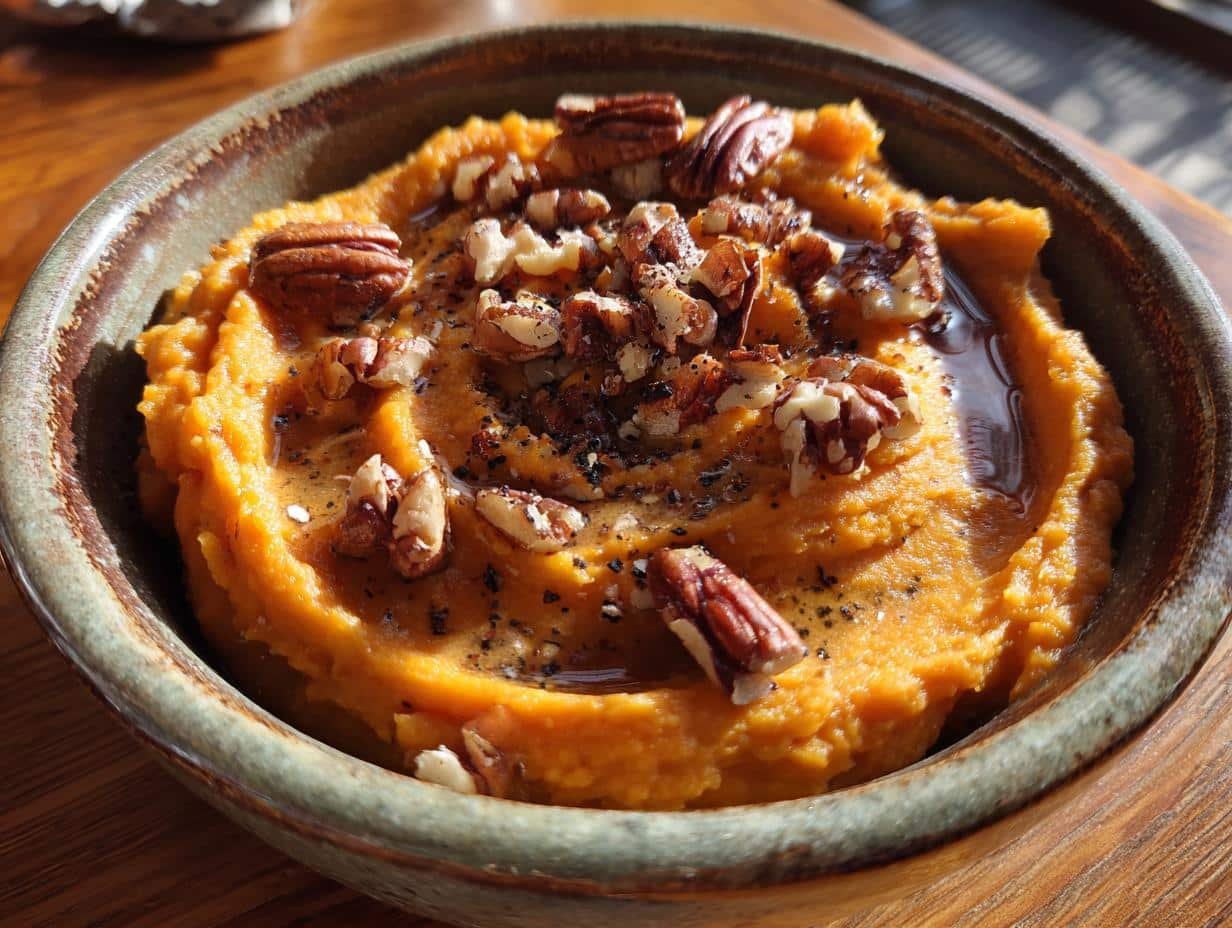 Creamy Brown Butter Mashed Sweet Potatoes with Pecans in 30 Minutes