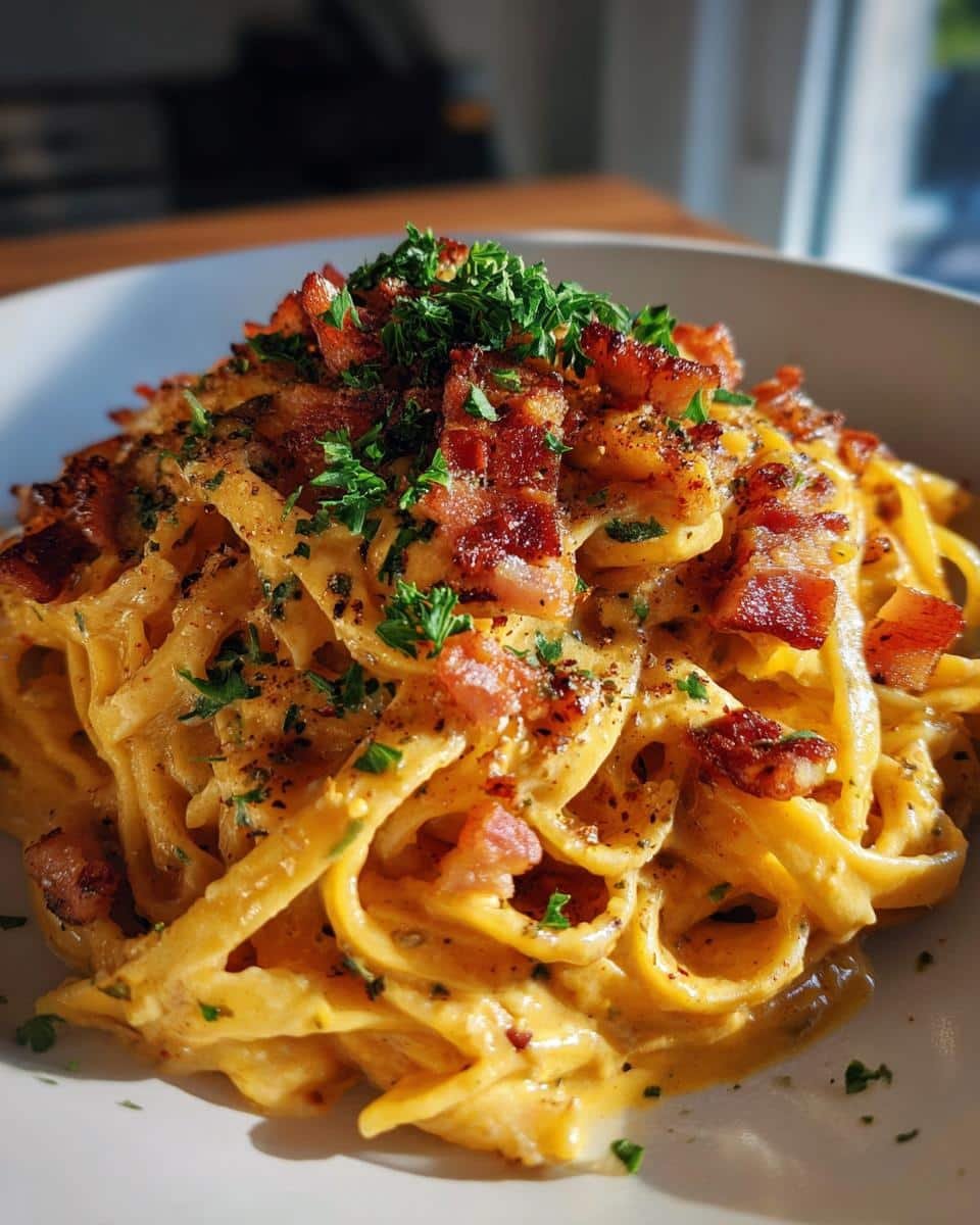 Brown Butter Pumpkin Alfredo Pasta with Crispy Pancetta - detail 1