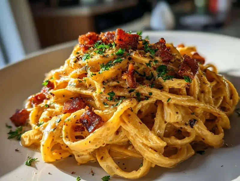 Brown Butter Pumpkin Alfredo Pasta with Crispy Pancetta