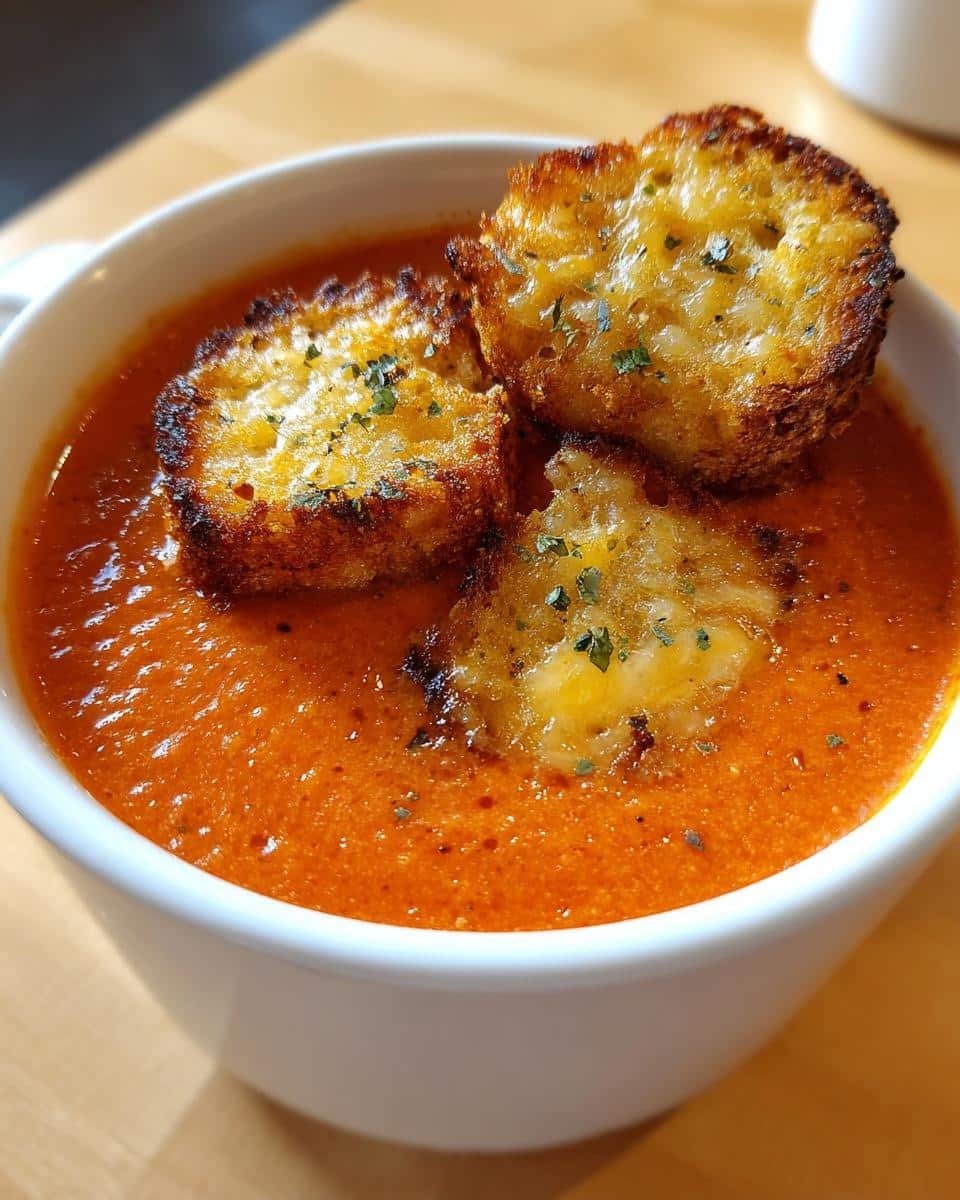 Creamy Roasted Tomato Basil Soup with Grilled Cheese Croutons - detail 1