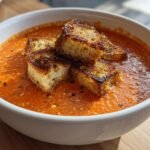 Creamy Roasted Tomato Basil Soup with Grilled Cheese Croutons