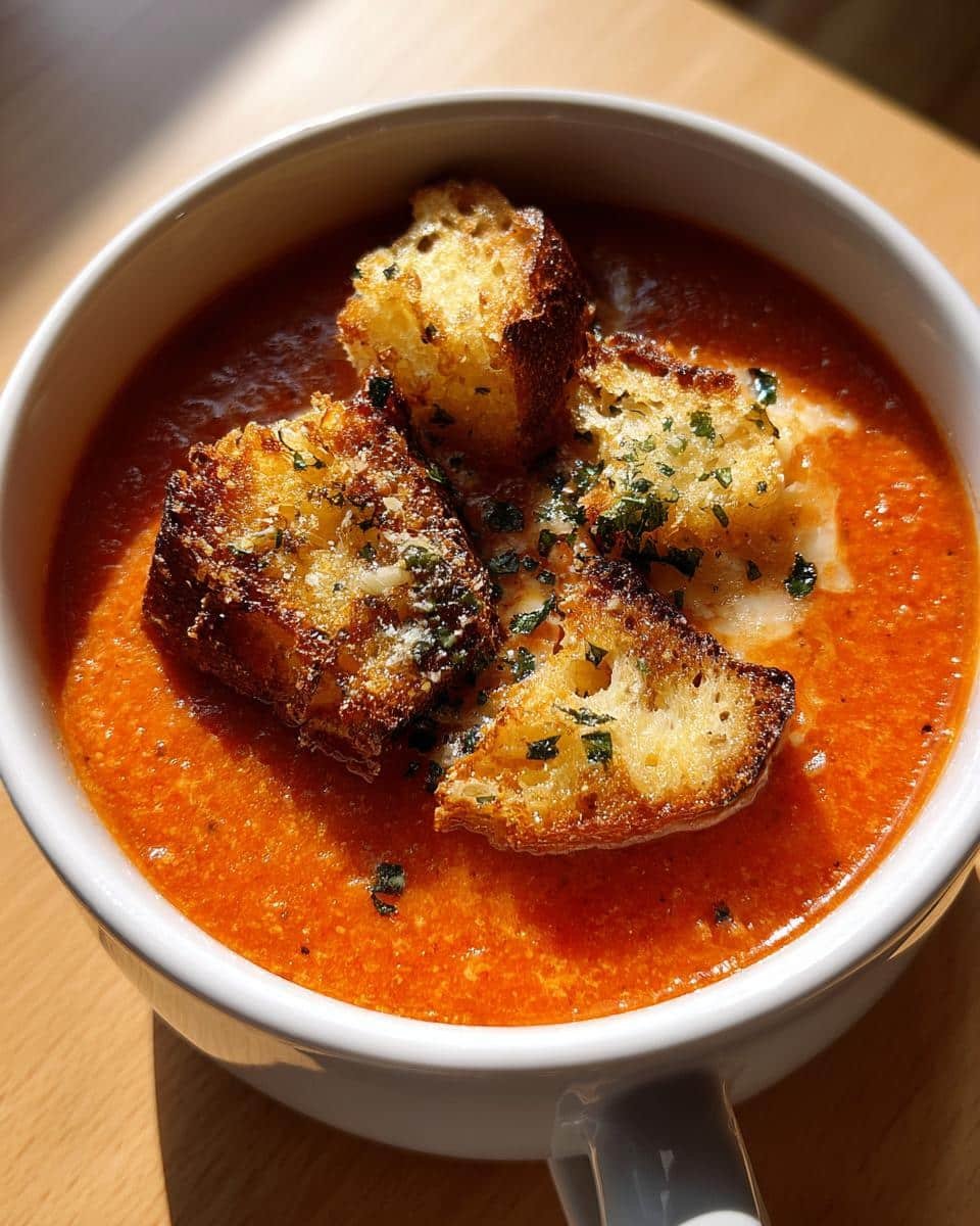 Creamy Roasted Tomato Basil Soup with Grilled Cheese Croutons - detail 2