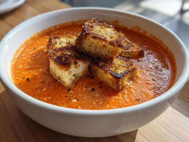 Creamy Roasted Tomato Basil Soup with Grilled Cheese Croutons