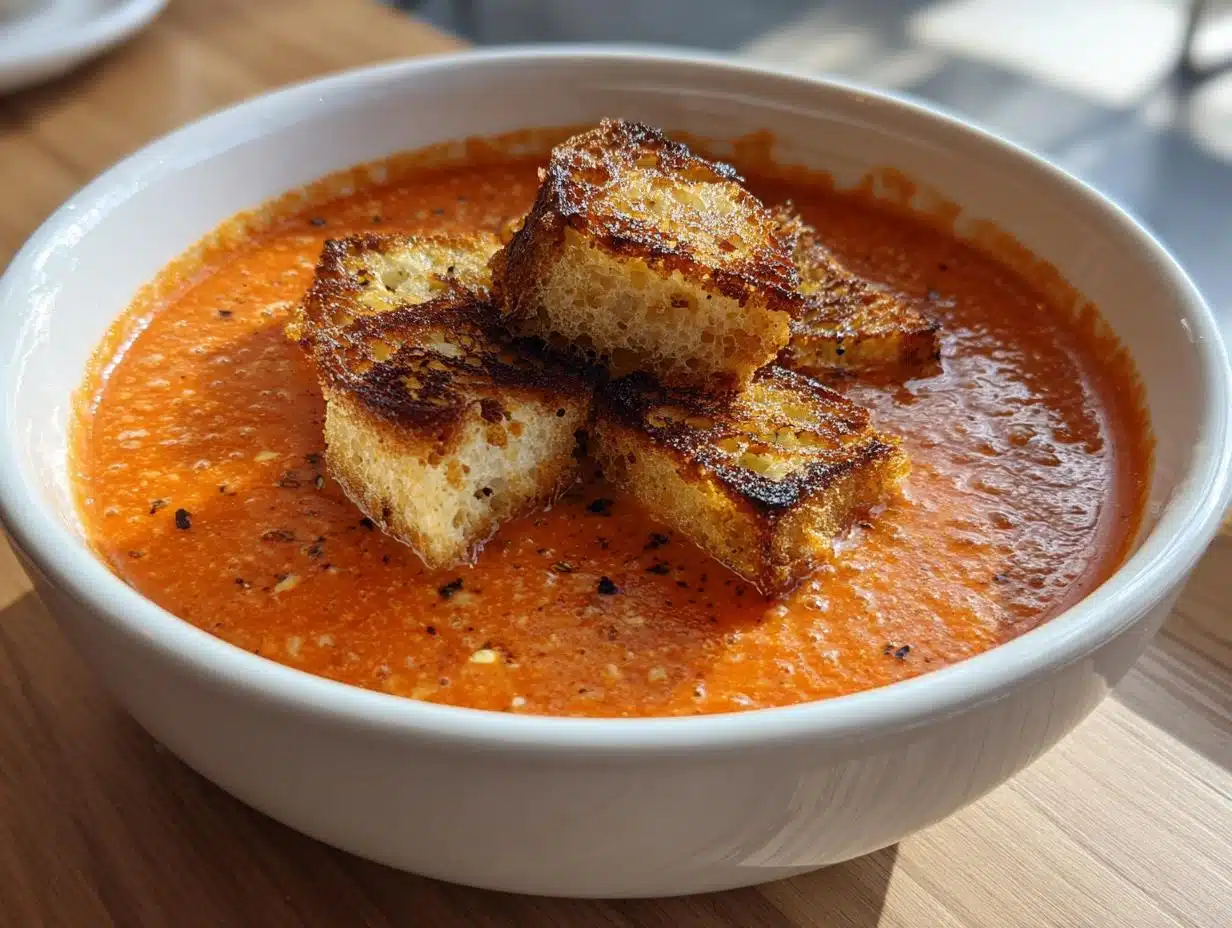 Creamy Roasted Tomato Basil Soup with Grilled Cheese Croutons in 6 Simple Steps