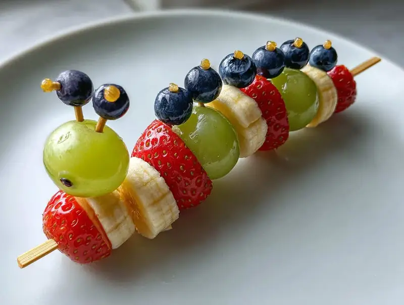 Fruit Caterpillar Skewers.