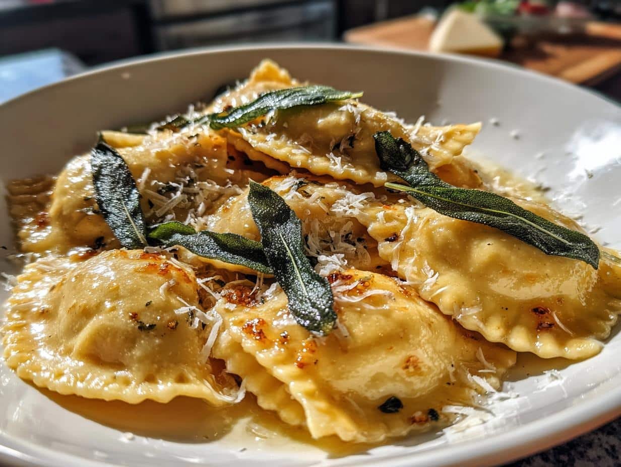 Homemade Pumpkin Ricotta Ravioli with Brown Butter Sage Sauce