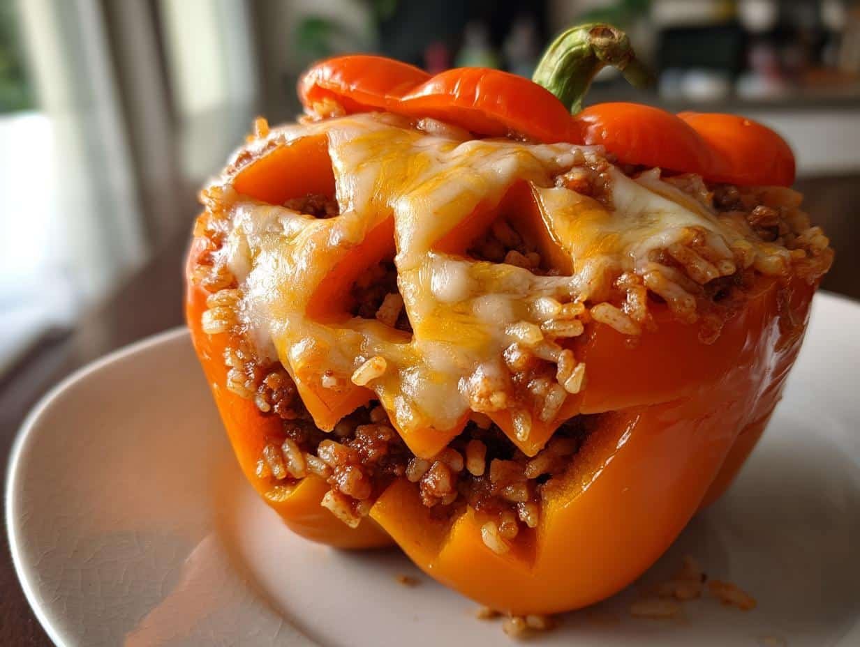 “Spooky Jack-o’-Lantern Stuffed Bell Peppers in 30 Minutes”