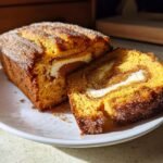 Moist Pumpkin Bread with Cream Cheese Swirl and Cinnamon Sugar Topping