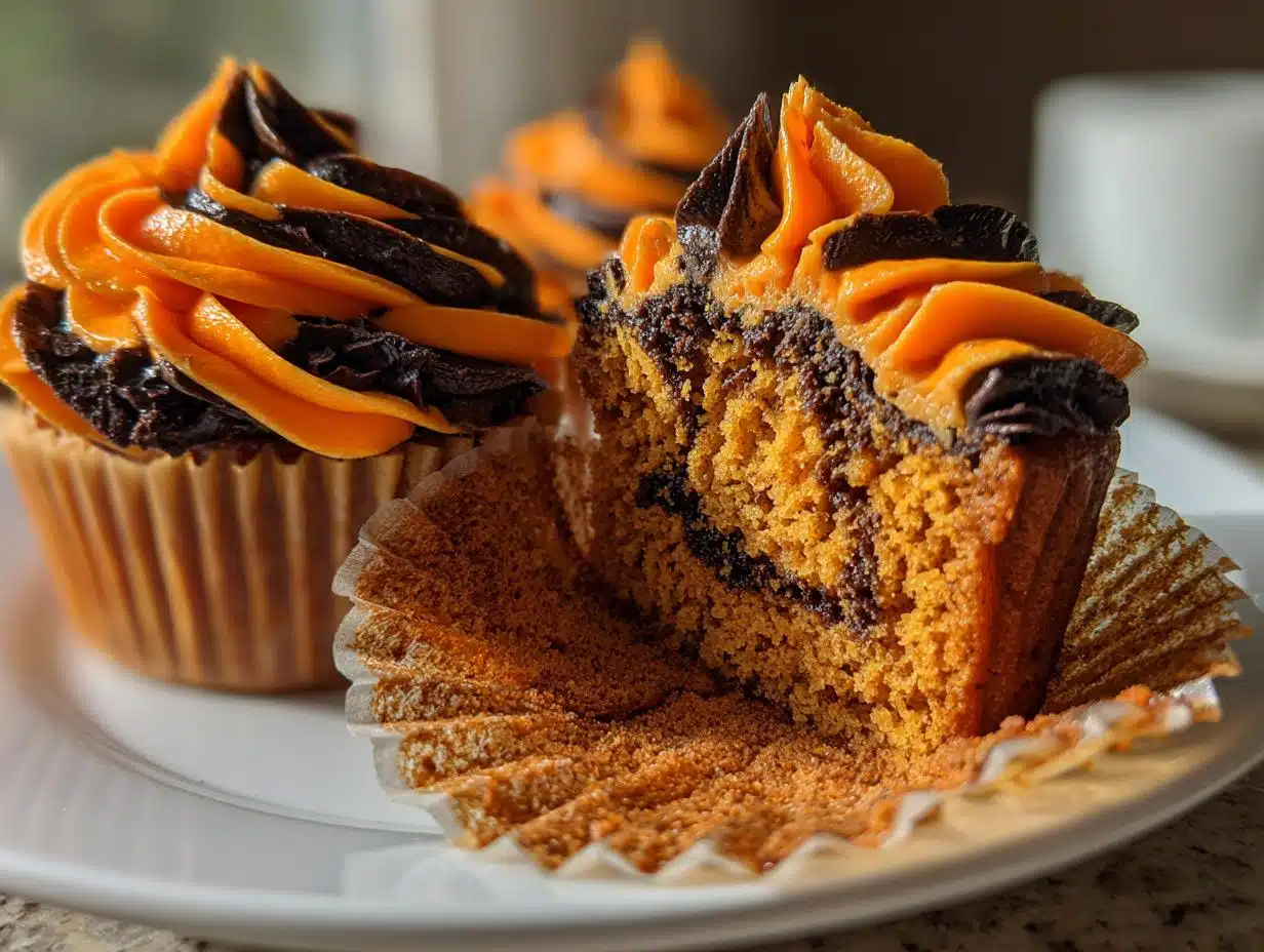 Orange and Black Halloween Cupcakes with Buttercream