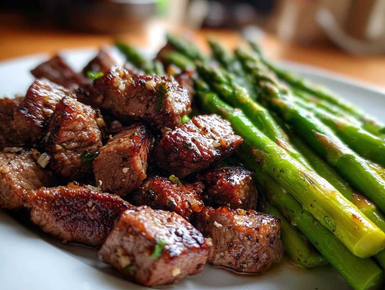 Juicy Garlic Butter Steak Bites with Asparagus in Just 20 Minutes!  <br>