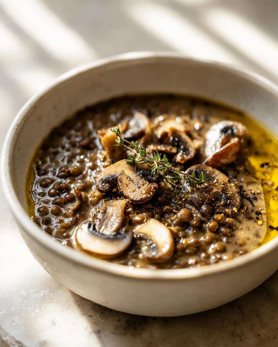 Creamy mushroom and lentil soup - detail 1