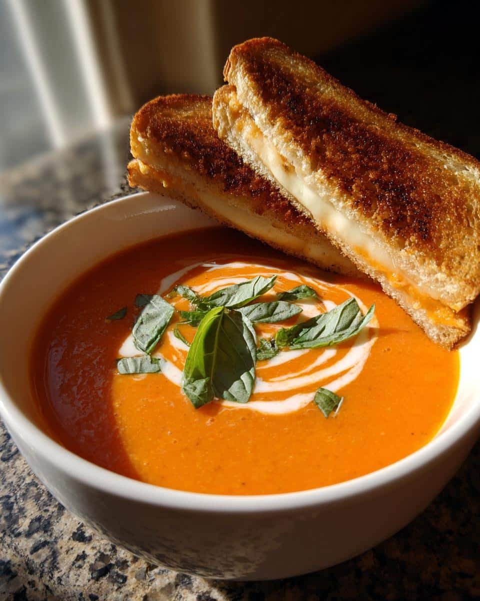 Tomato basil soup roasted with grilled cheese - detail 1