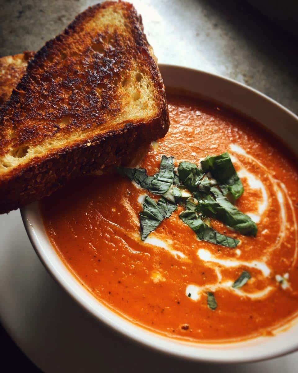 Tomato basil soup roasted with grilled cheese - detail 2