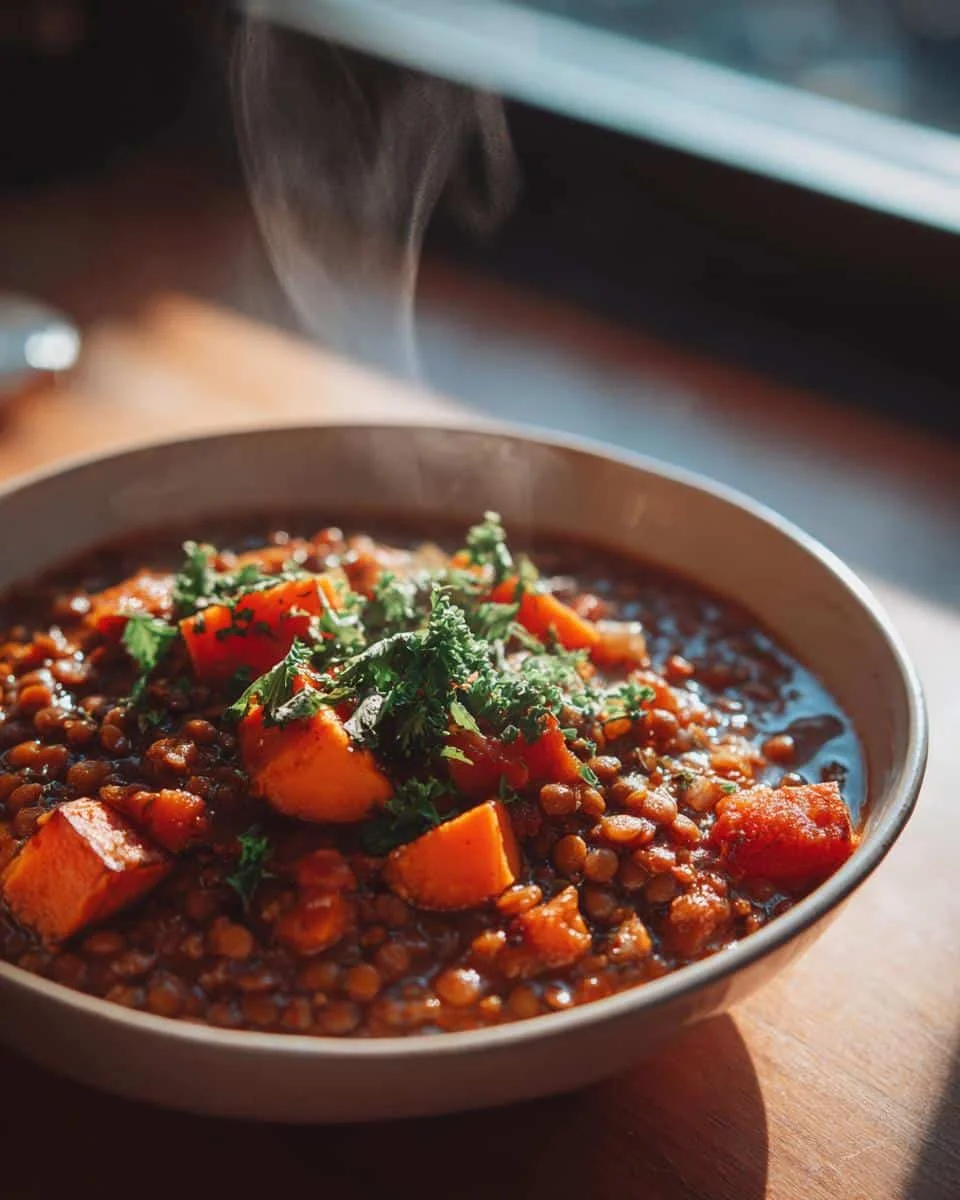 Vegan lentil and sweet potato stew - detail 1
