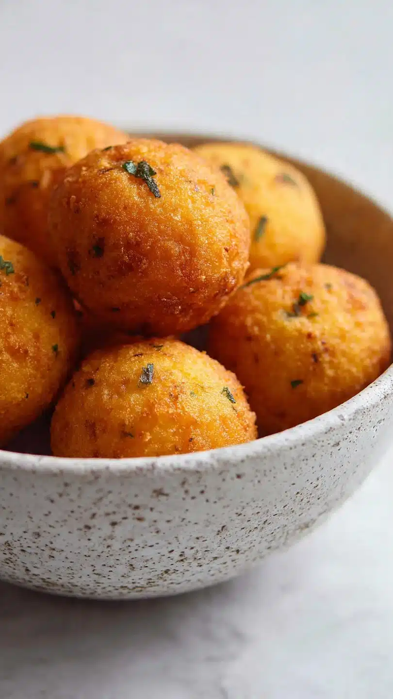 Delicious bowl of easy gluten free hush puppies, golden and crispy.