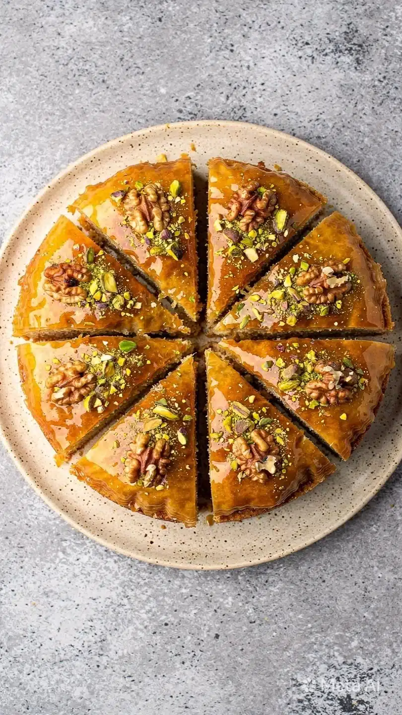 Gluten Free Baklava Cheesecake topped with nuts and honey syrup