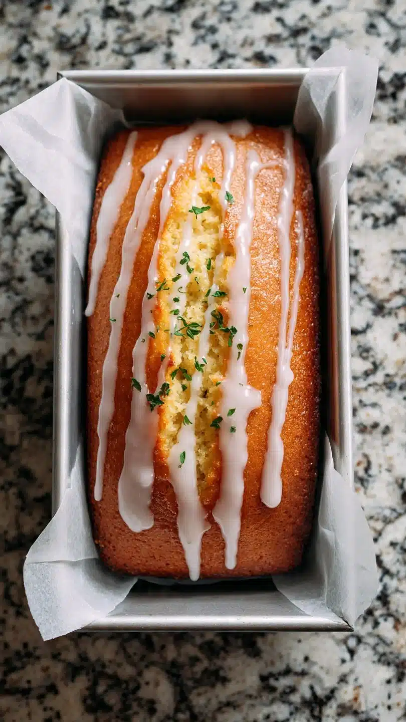 Slice of gluten-free lemon drizzle cake with lemon zest and glaze on top.