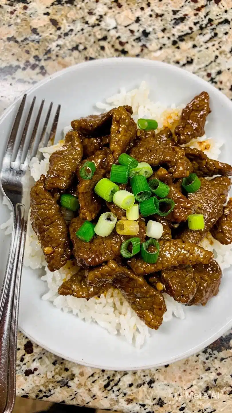 Plate of Gluten Free Mongolian Beef with vegetables and rice
