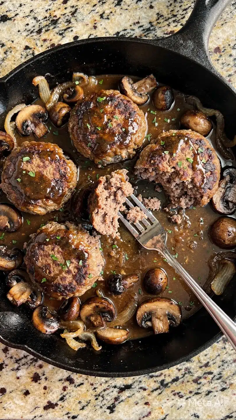 Gluten Free Salisbury Steak served with mashed potatoes and vegetables