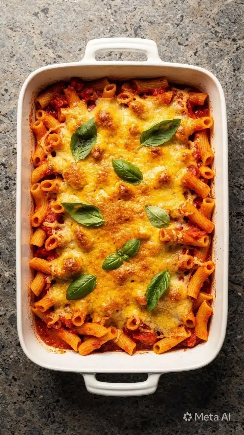 Delicious gluten-free ziti bake served with cheese and herbs